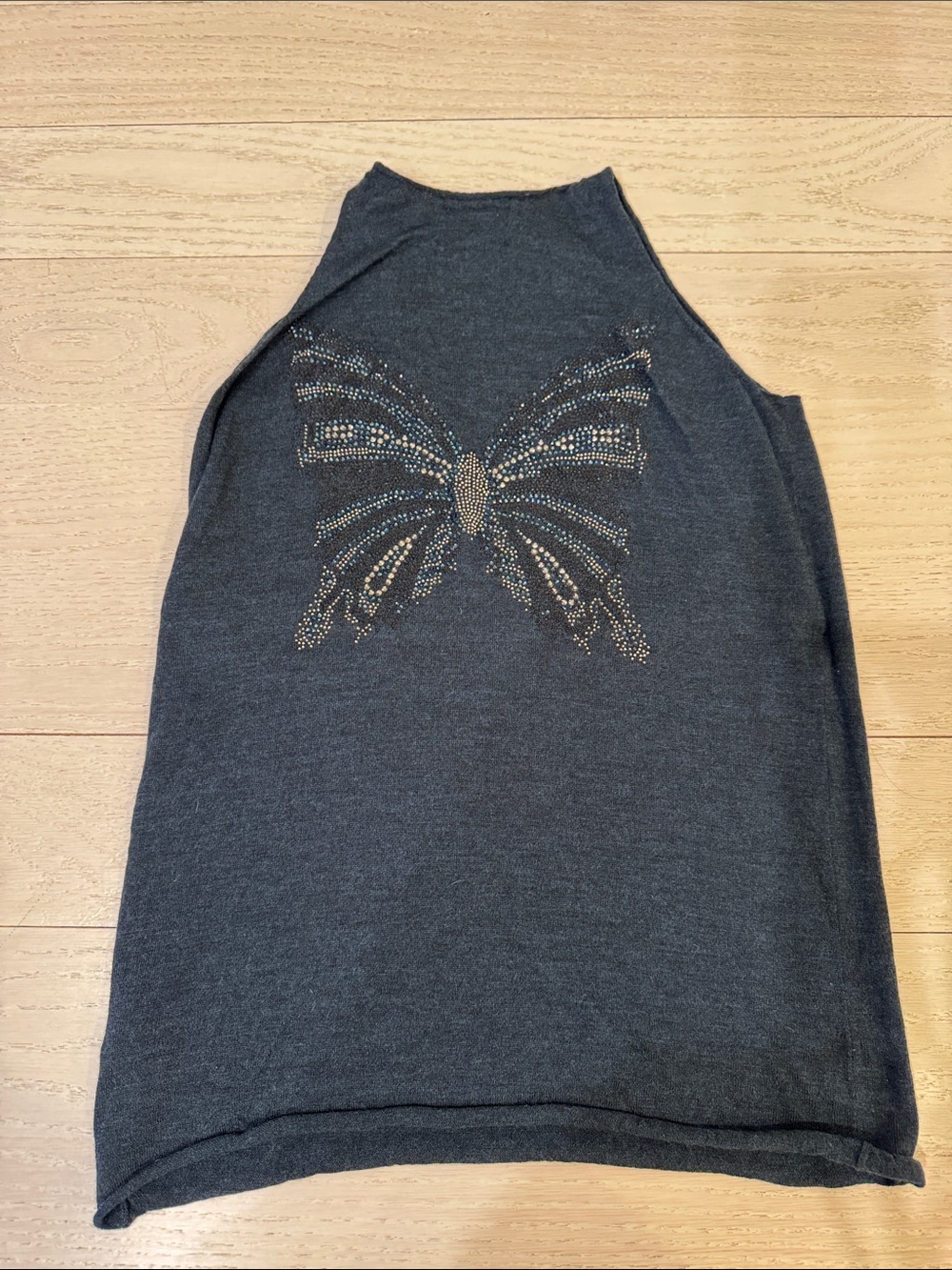 Zadig & Voltaire Dark Charcoal Blue Tank with Rhinestone Butterfly Small